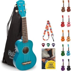 Hola! Music HM-21BU Soprano Ukulele Bundle with Canvas Tote Bag, Strap and Picks, Color Series, Blue
